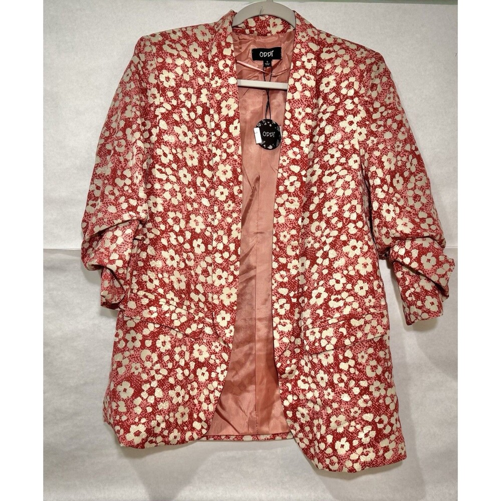 ODDI Floral Open Front Blazer Jacket Red White Pink Ruched 3/4 Sleeve Sz Small - Picture 3 of 11
